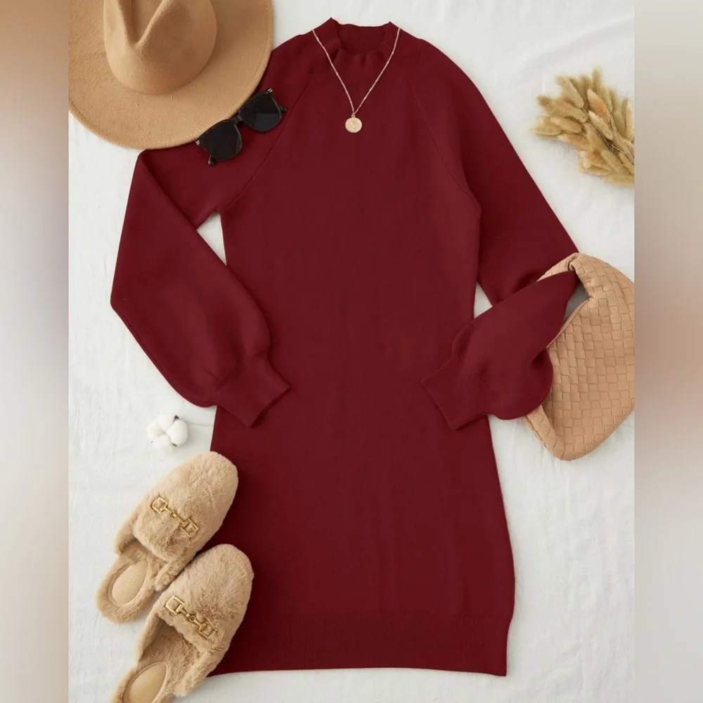 NWOT Women's Puff Sleeve Mock Neck Bodycon Sweater Dress - Sz M - Picture 8 of 10